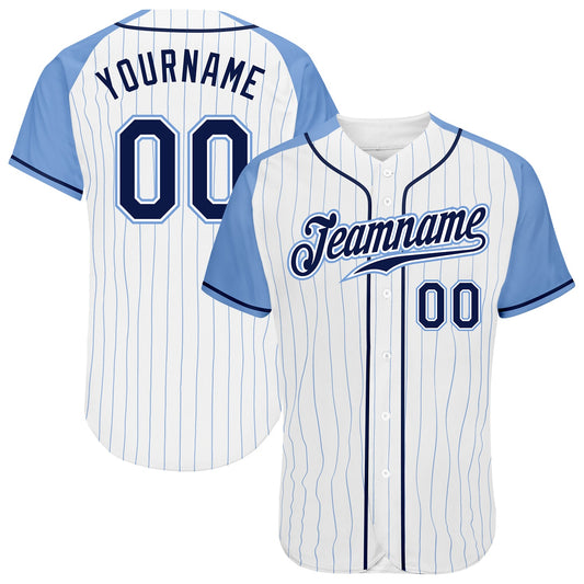 Custom White Light Blue Pinstripe Navy-Light Blue Authentic Raglan Sleeves Baseball Jersey - Sky-Custom