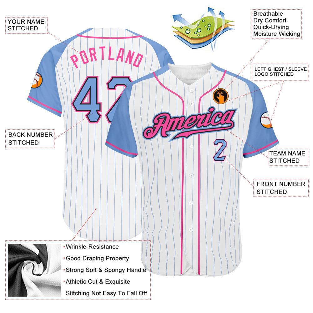 Custom White Light Blue Pinstripe Light Blue-Pink Authentic Raglan Sleeves Baseball Jersey - Sky-Custom