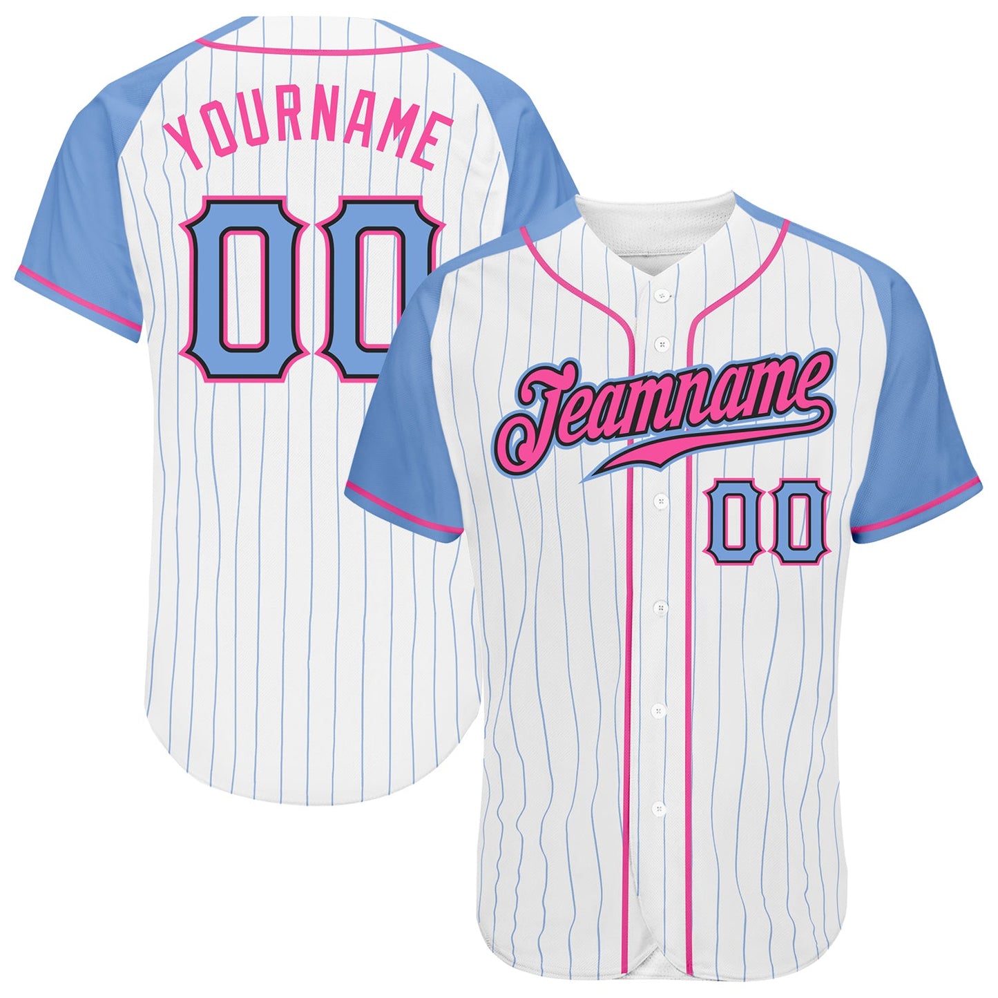 Custom White Light Blue Pinstripe Light Blue-Pink Authentic Raglan Sleeves Baseball Jersey - Sky-Custom