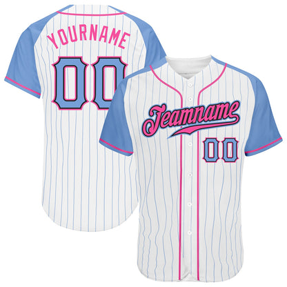 Custom White Light Blue Pinstripe Light Blue-Pink Authentic Raglan Sleeves Baseball Jersey - Sky-Custom