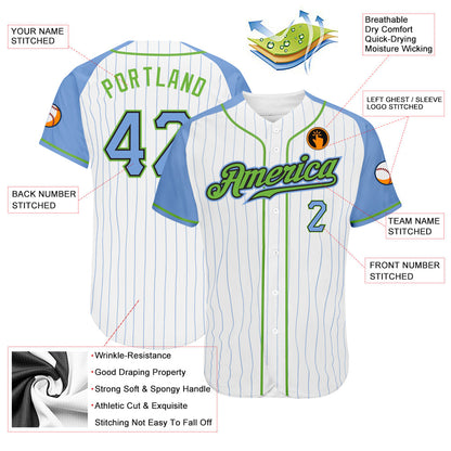 Custom White Light Blue Pinstripe Light Blue-Neon Green Authentic Raglan Sleeves Baseball Jersey - Sky-Custom