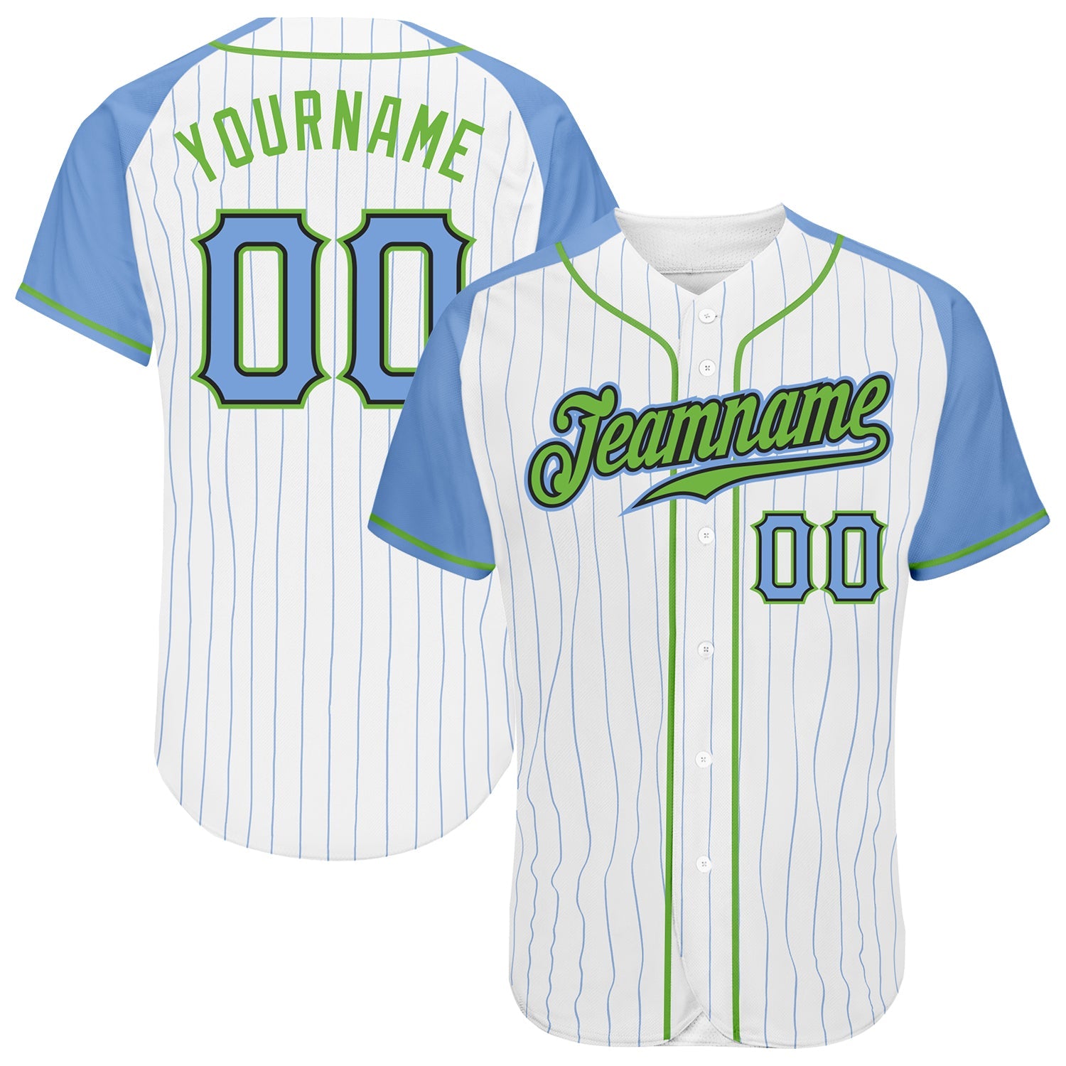 Custom White Light Blue Pinstripe Light Blue-Neon Green Authentic Raglan Sleeves Baseball Jersey - Sky-Custom