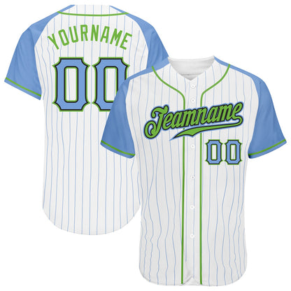 Custom White Light Blue Pinstripe Light Blue-Neon Green Authentic Raglan Sleeves Baseball Jersey - Sky-Custom