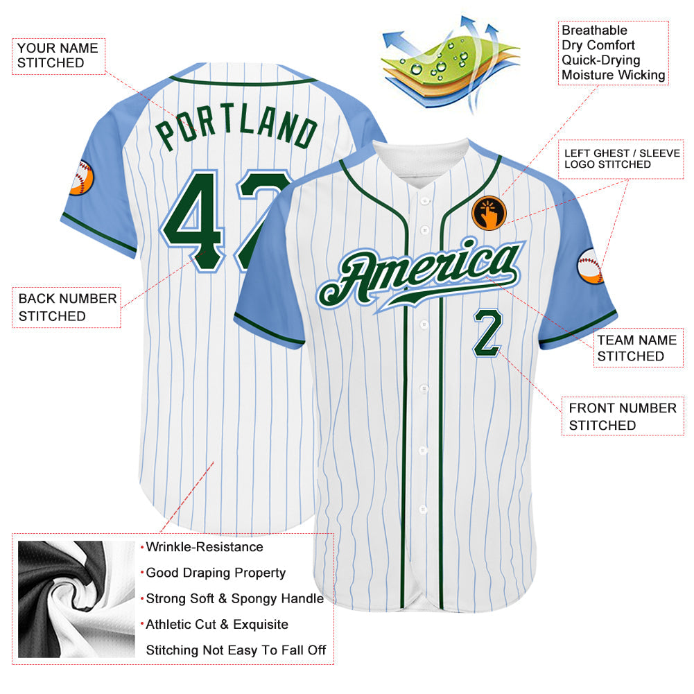 Custom White Light Blue Pinstripe Green-Light Blue Authentic Raglan Sleeves Baseball Jersey - Sky-Custom