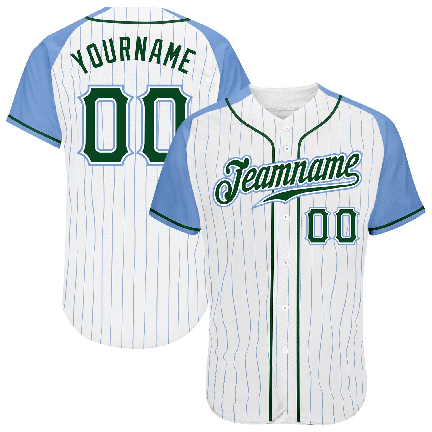 Custom White Light Blue Pinstripe Green-Light Blue Authentic Raglan Sleeves Baseball Jersey - Sky-Custom