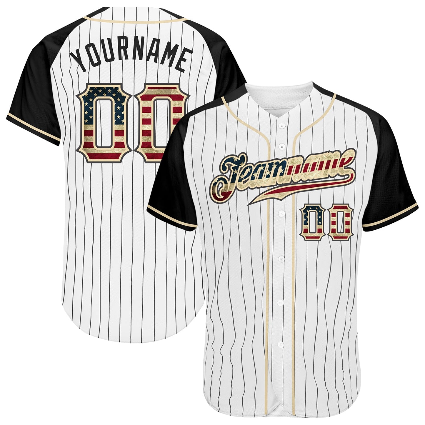 Custom White Black Pinstripe Vintage USA Flag-Black Authentic Raglan Sleeves Baseball Jersey - Sky-Custom