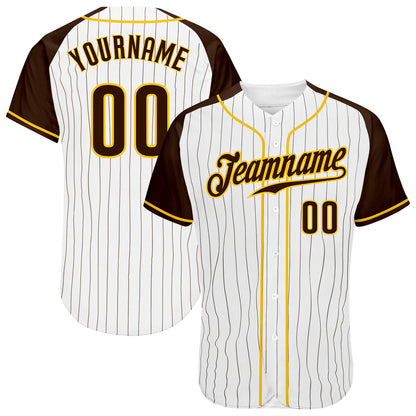Custom White Brown Pinstripe Brown-Gold Authentic Raglan Sleeves Baseball Jersey - Sky-Custom