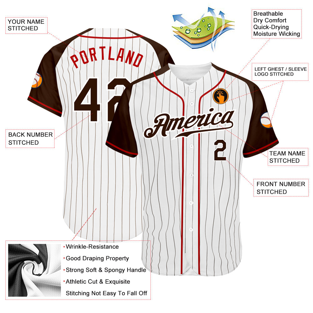 Custom White Brown Pinstripe Brown-Red Authentic Raglan Sleeves Baseball Jersey - Sky-Custom