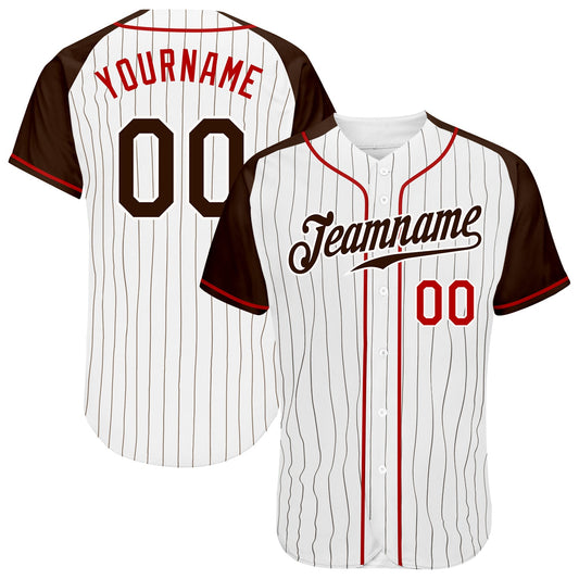 Custom White Brown Pinstripe Brown-Red Authentic Raglan Sleeves Baseball Jersey - Sky-Custom