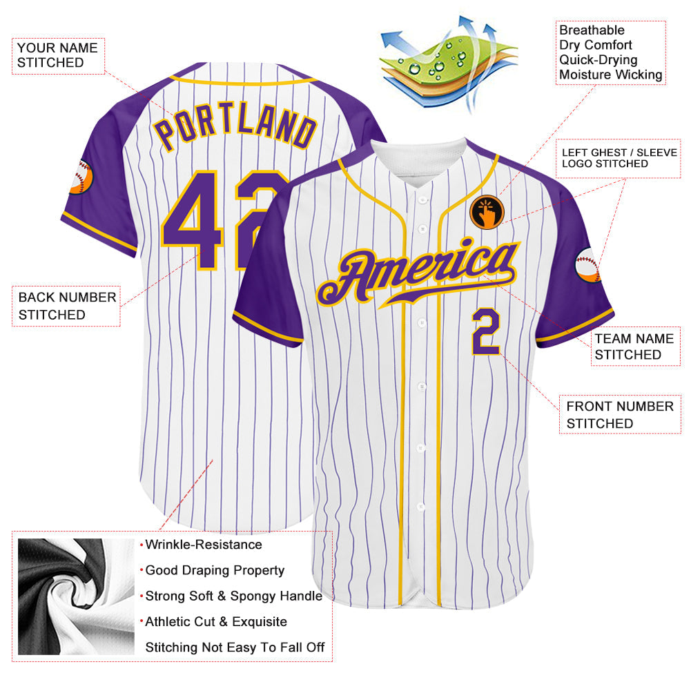 Custom White Purple Pinstripe Purple-Gold Authentic Raglan Sleeves Baseball Jersey - Sky-Custom