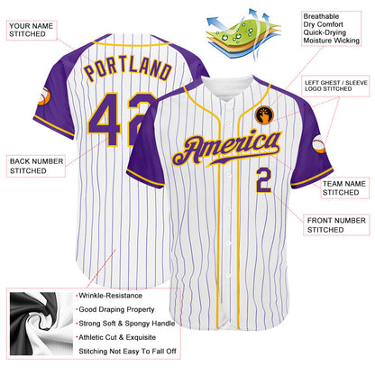 Custom White Purple Pinstripe Purple-Gold Authentic Raglan Sleeves Baseball Jersey - Sky-Custom