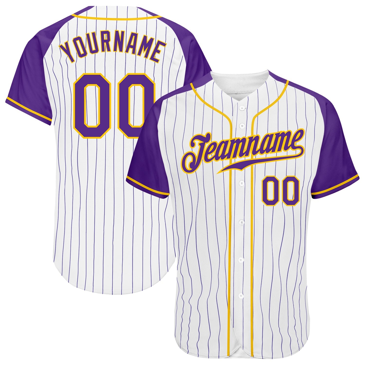 Custom White Purple Pinstripe Purple-Gold Authentic Raglan Sleeves Baseball Jersey - Sky-Custom