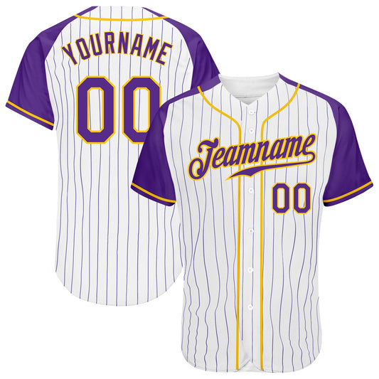 Custom White Purple Pinstripe Purple-Gold Authentic Raglan Sleeves Baseball Jersey - Sky-Custom