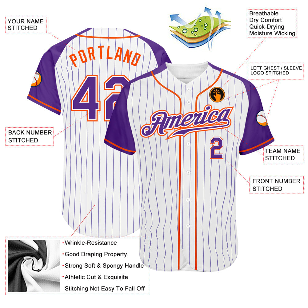 Custom White Purple Pinstripe Purple-Orange Authentic Raglan Sleeves Baseball Jersey - Sky-Custom