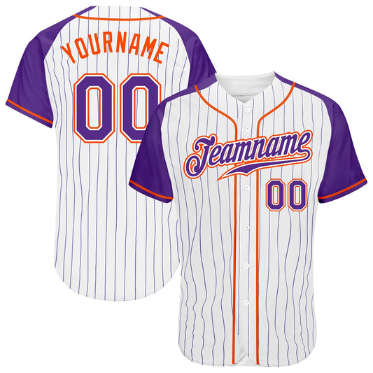 Custom White Purple Pinstripe Purple-Orange Authentic Raglan Sleeves Baseball Jersey - Sky-Custom
