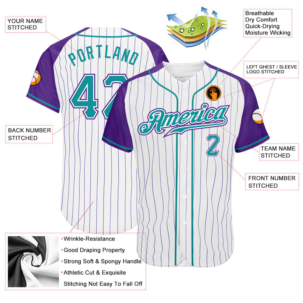 Custom White Purple Pinstripe Teal-Purple Authentic Raglan Sleeves Baseball Jersey - Sky-Custom