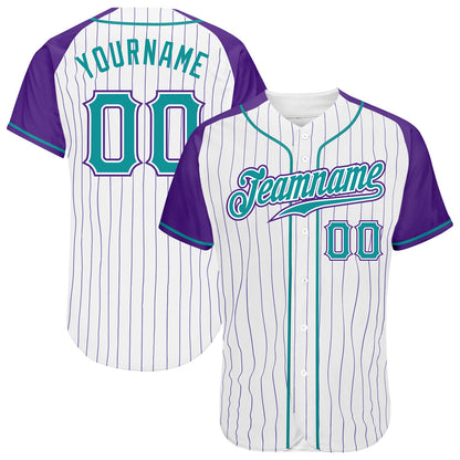 Custom White Purple Pinstripe Teal-Purple Authentic Raglan Sleeves Baseball Jersey - Sky-Custom