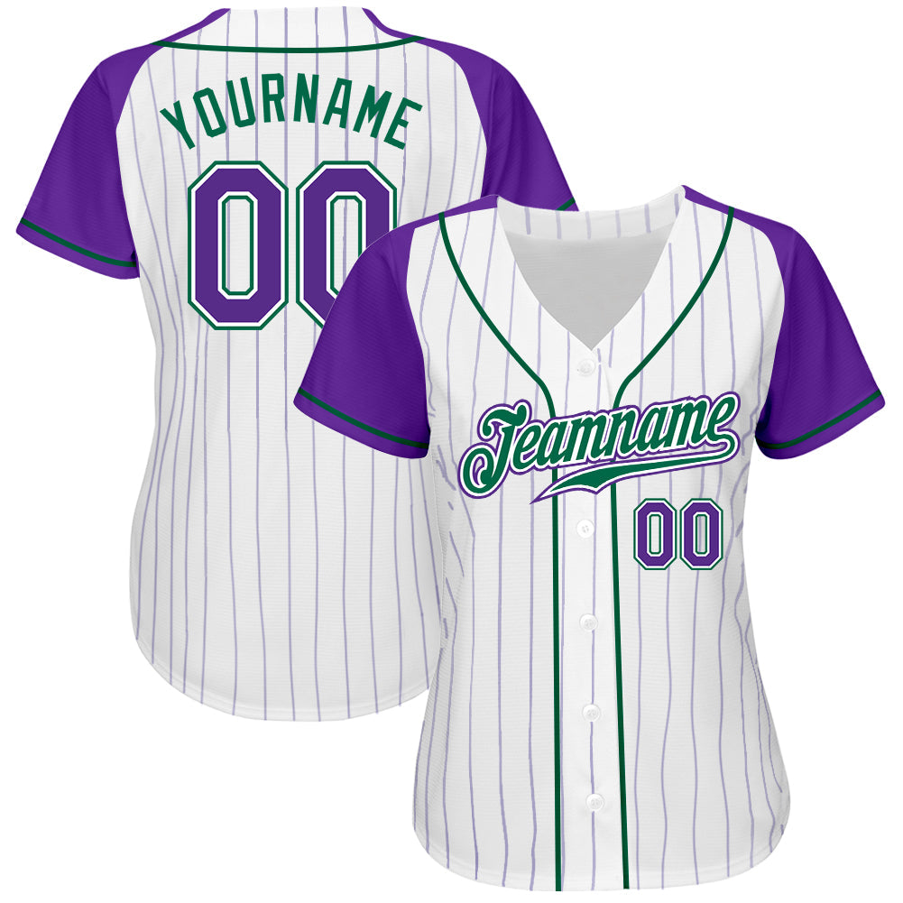 Custom White Purple Pinstripe Purple-Kelly Green Authentic Raglan Sleeves Baseball Jersey - Sky-Custom