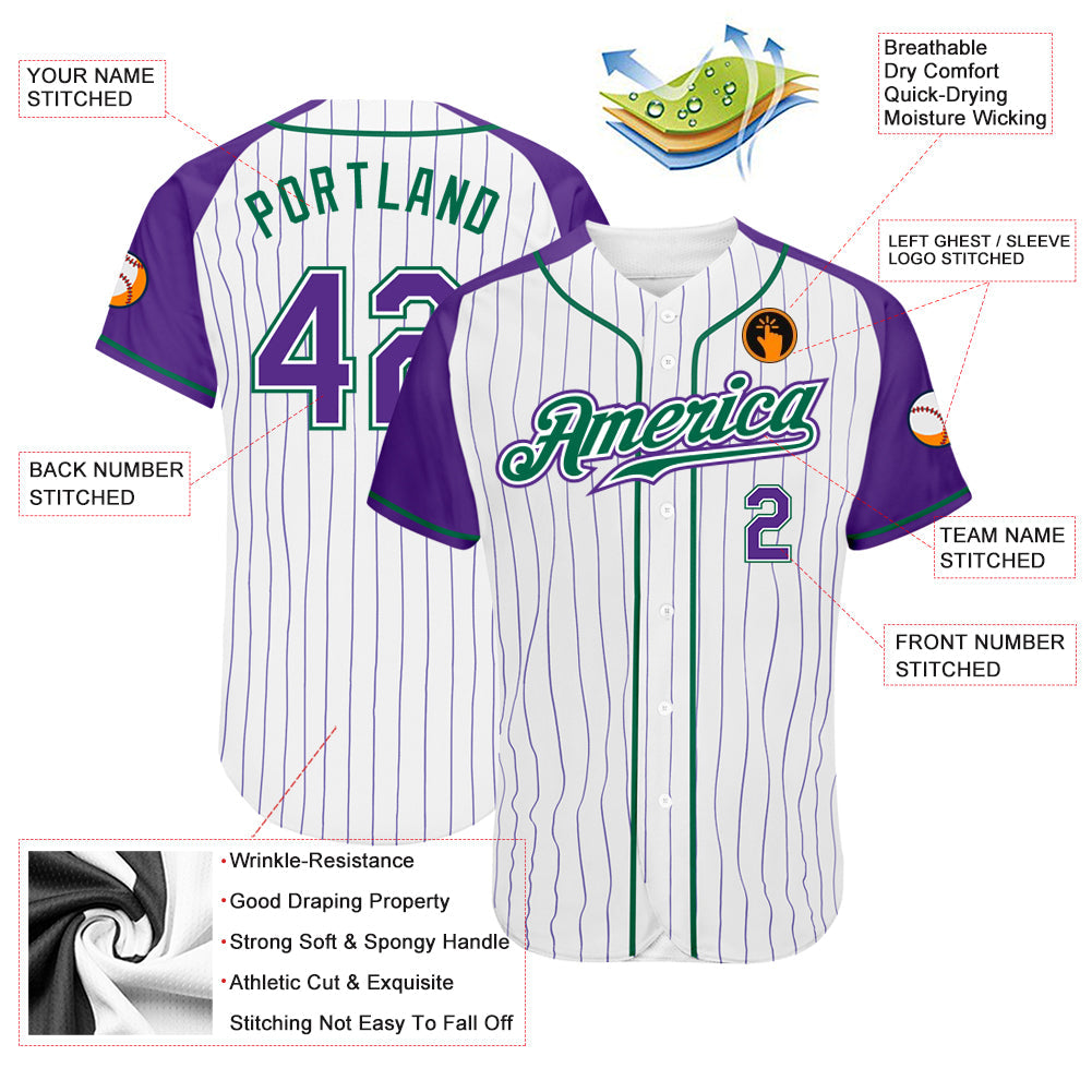 Custom White Purple Pinstripe Purple-Kelly Green Authentic Raglan Sleeves Baseball Jersey - Sky-Custom