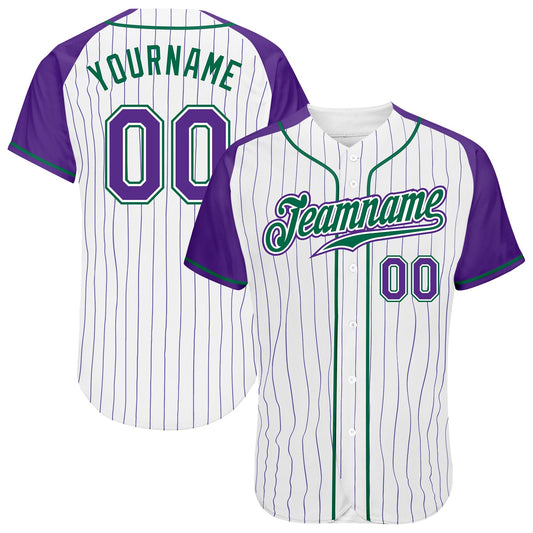 Custom White Purple Pinstripe Purple-Kelly Green Authentic Raglan Sleeves Baseball Jersey - Sky-Custom