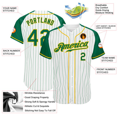 Custom White Kelly Green Pinstripe Kelly Green-Gold Authentic Raglan Sleeves Baseball Jersey - Sky-Custom