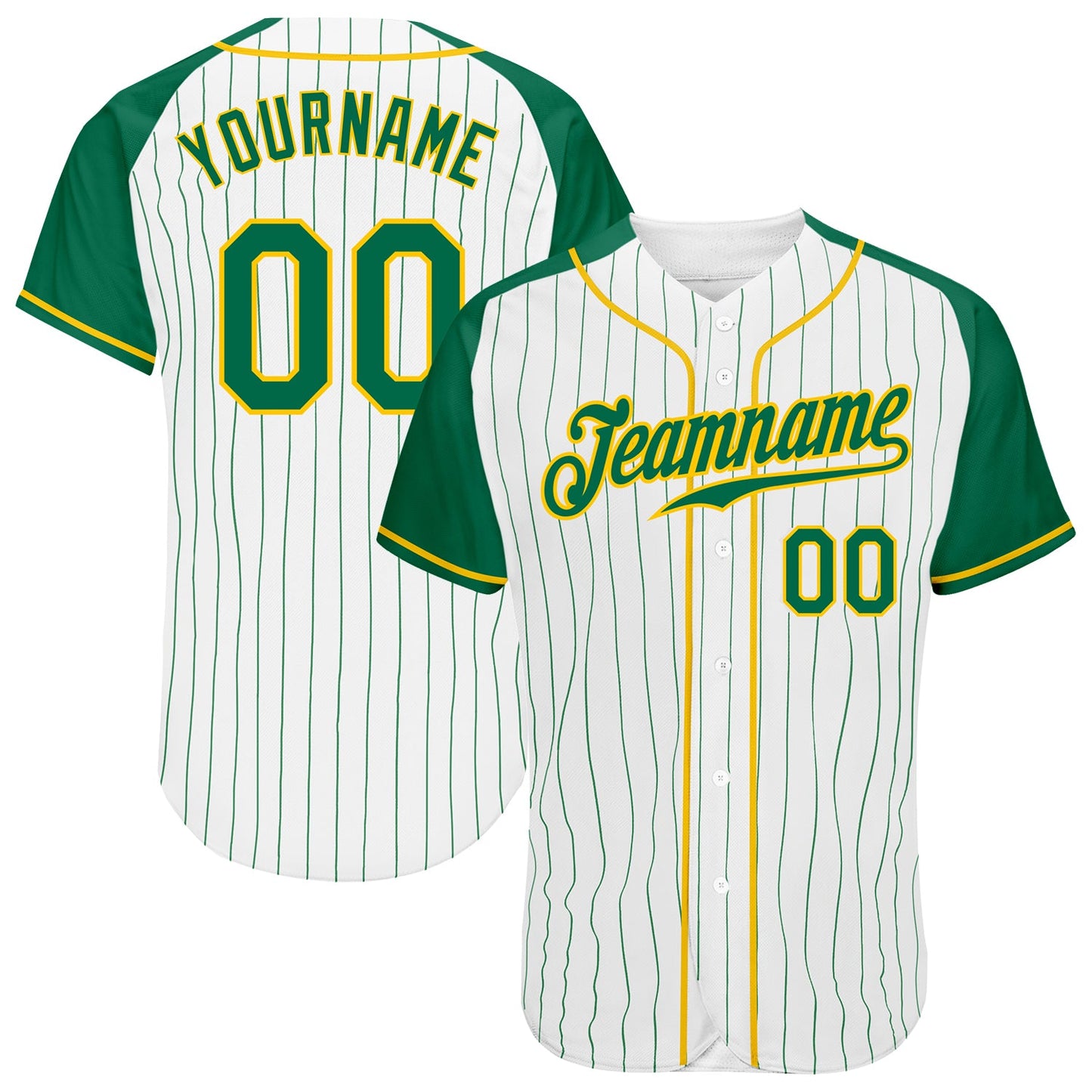 Custom White Kelly Green Pinstripe Kelly Green-Gold Authentic Raglan Sleeves Baseball Jersey - Sky-Custom