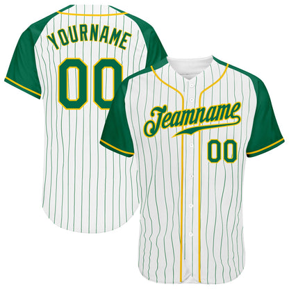 Custom White Kelly Green Pinstripe Kelly Green-Gold Authentic Raglan Sleeves Baseball Jersey - Sky-Custom