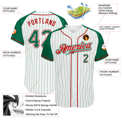 Custom White Kelly Green Pinstripe Kelly Green-Red Authentic Raglan Sleeves Baseball Jersey - Sky-Custom