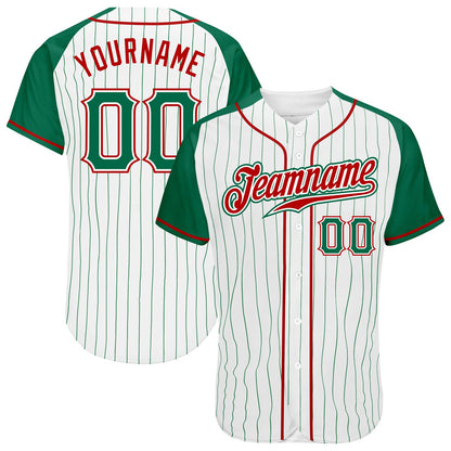 Custom White Kelly Green Pinstripe Kelly Green-Red Authentic Raglan Sleeves Baseball Jersey - Sky-Custom