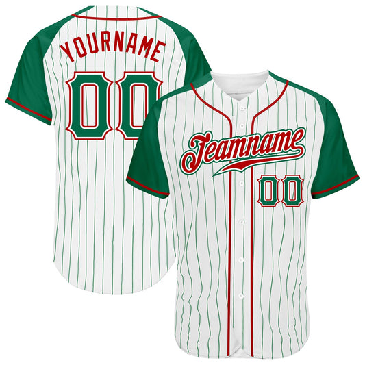 Custom White Kelly Green Pinstripe Kelly Green-Red Authentic Raglan Sleeves Baseball Jersey - Sky-Custom