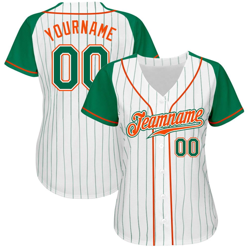 Custom White Kelly Green Pinstripe Kelly Green-Orange Authentic Raglan Sleeves Baseball Jersey - Sky-Custom