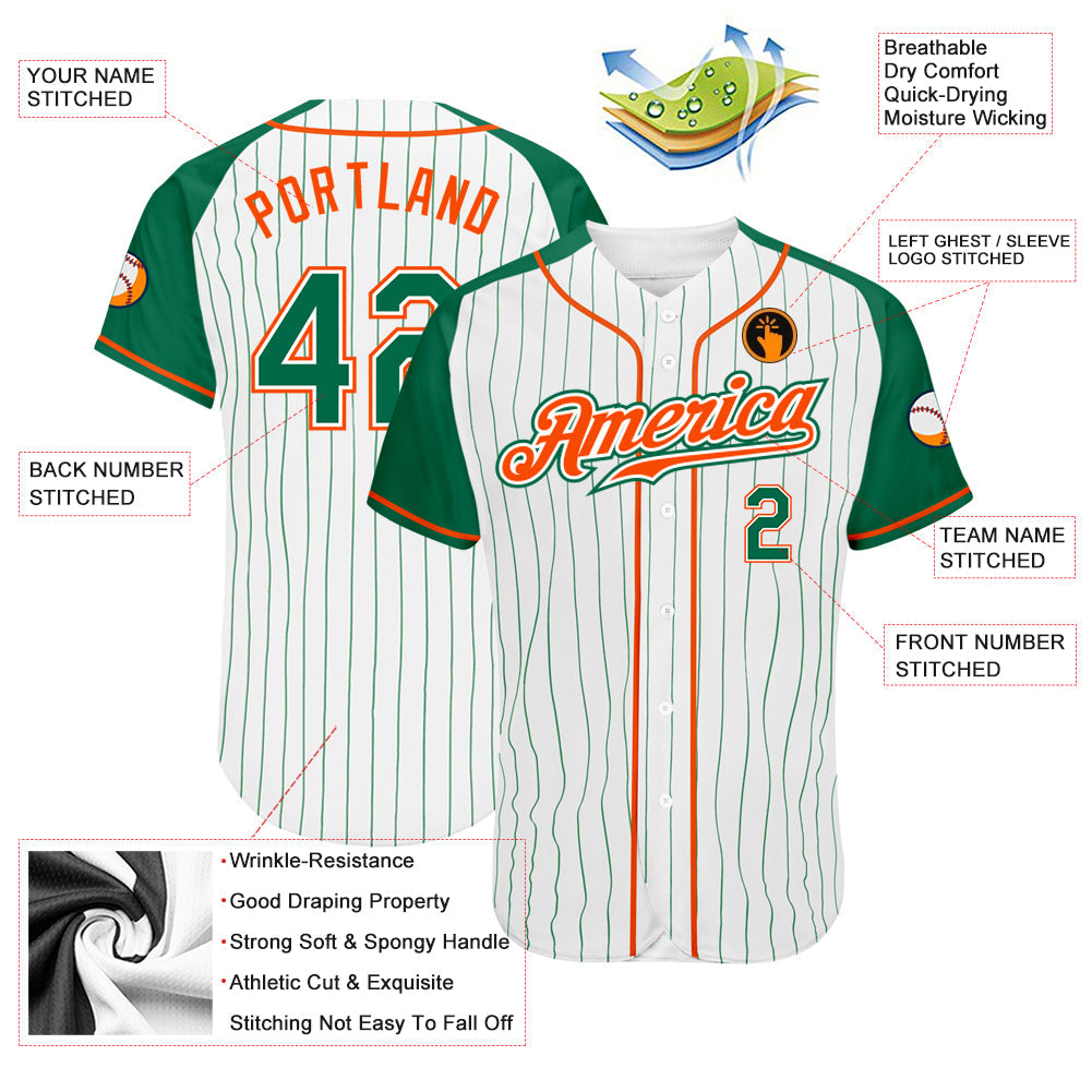 Custom White Kelly Green Pinstripe Kelly Green-Orange Authentic Raglan Sleeves Baseball Jersey - Sky-Custom
