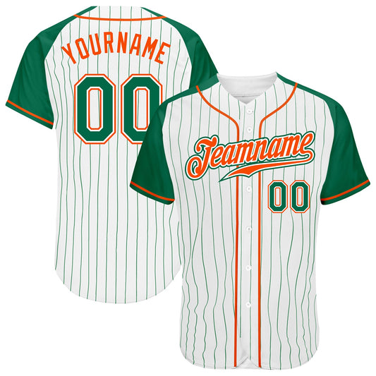 Custom White Kelly Green Pinstripe Kelly Green-Orange Authentic Raglan Sleeves Baseball Jersey - Sky-Custom
