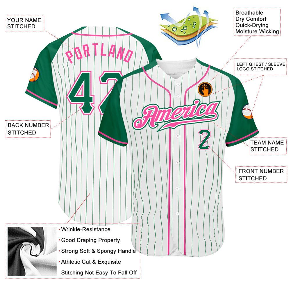 Custom White Kelly Green Pinstripe Kelly Green-Pink Authentic Raglan Sleeves Baseball Jersey - Sky-Custom