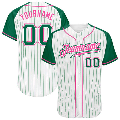 Custom White Kelly Green Pinstripe Kelly Green-Pink Authentic Raglan Sleeves Baseball Jersey - Sky-Custom