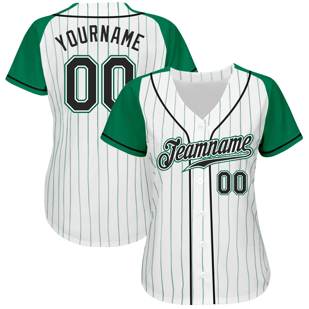 Custom White Kelly Green Pinstripe Black-Kelly Green Authentic Raglan Sleeves Baseball Jersey - Sky-Custom