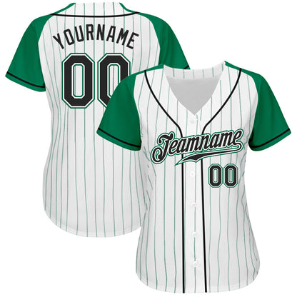 Custom White Kelly Green Pinstripe Black-Kelly Green Authentic Raglan Sleeves Baseball Jersey - Sky-Custom