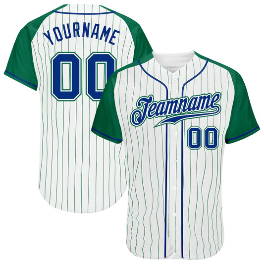 Custom White Kelly Green Pinstripe Royal-Kelly Green Authentic Raglan Sleeves Baseball Jersey - Sky-Custom
