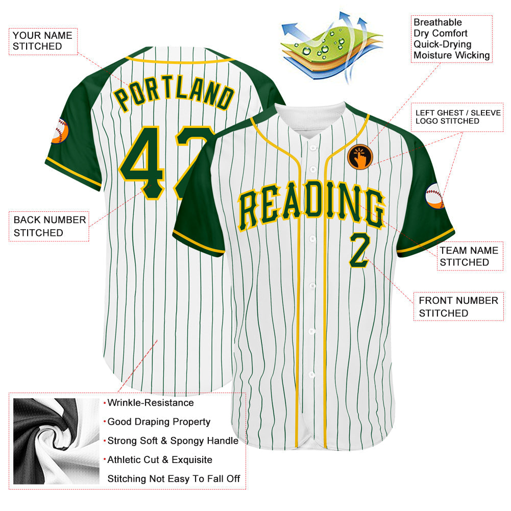 Custom White Green Pinstripe Green-Gold Authentic Raglan Sleeves Baseball Jersey - Sky-Custom