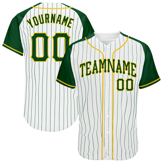 Custom White Green Pinstripe Green-Gold Authentic Raglan Sleeves Baseball Jersey - Sky-Custom