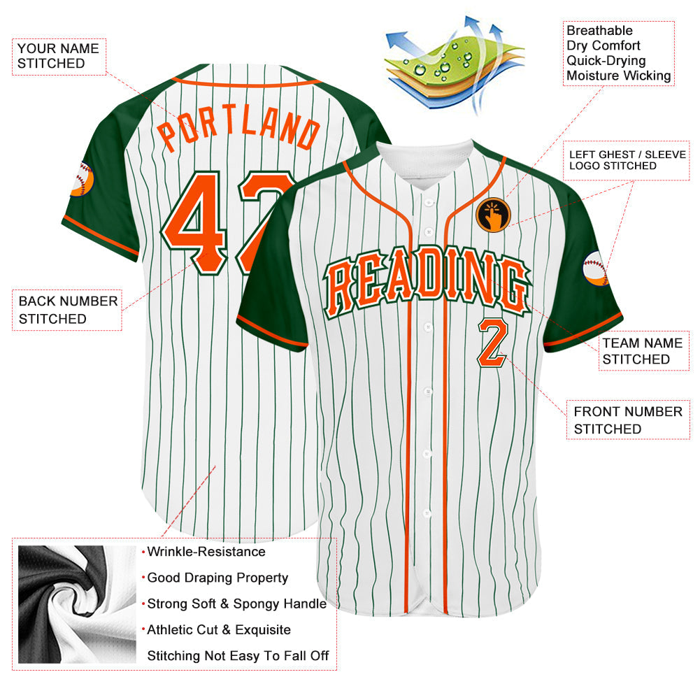 Custom White Green Pinstripe Orange-Green Authentic Raglan Sleeves Baseball Jersey - Sky-Custom