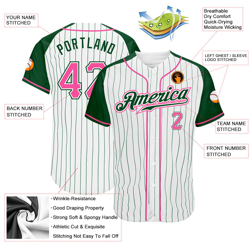 Custom White Green Pinstripe Pink-Green Authentic Raglan Sleeves Baseball Jersey - Sky-Custom