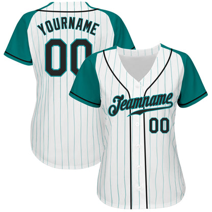 Custom White Aqua Pinstripe Black-Aqua Authentic Raglan Sleeves Baseball Jersey - Sky-Custom