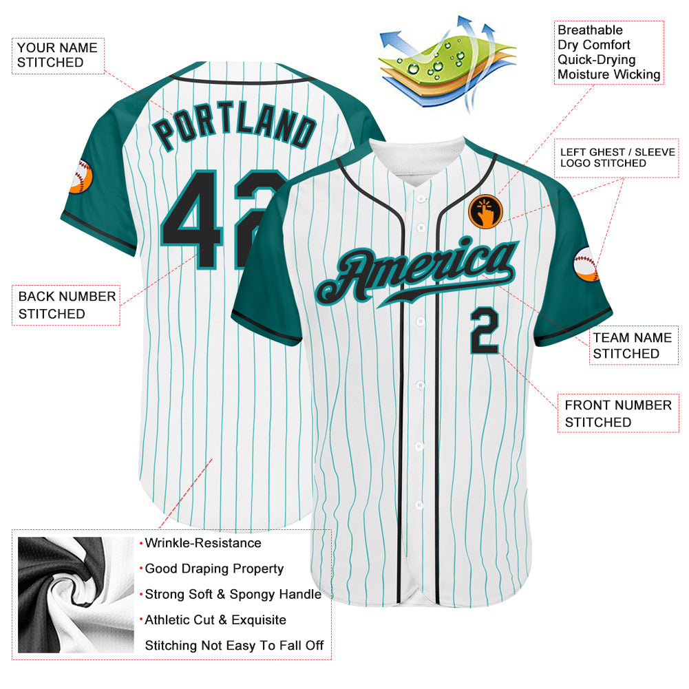 Custom White Aqua Pinstripe Black-Aqua Authentic Raglan Sleeves Baseball Jersey - Sky-Custom