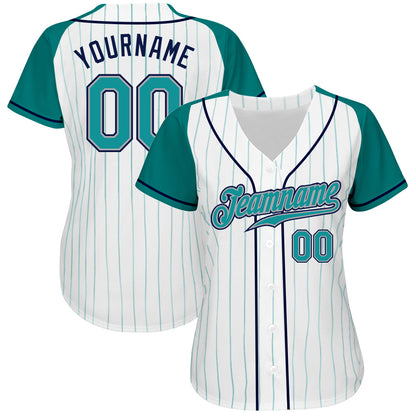 Custom White Aqua Pinstripe Aqua-Navy Authentic Raglan Sleeves Baseball Jersey - Sky-Custom