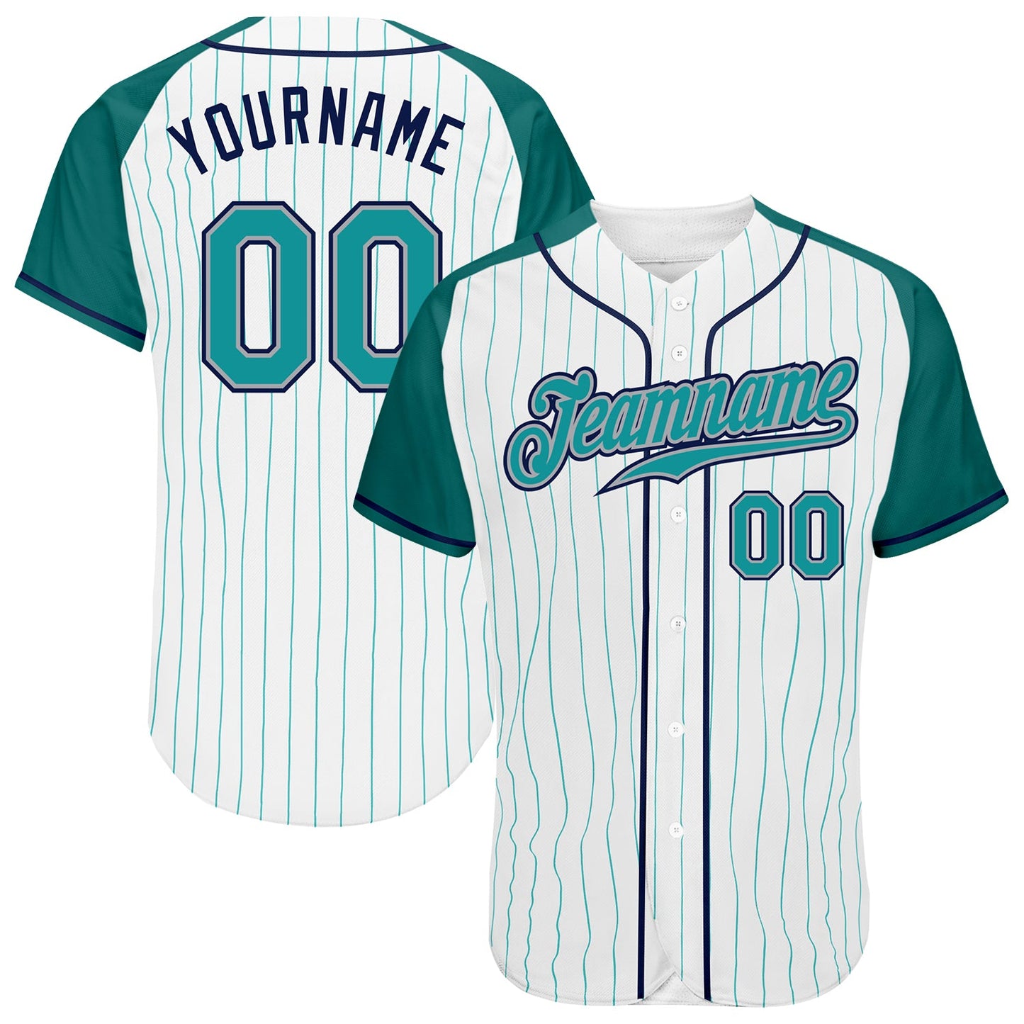 Custom White Aqua Pinstripe Aqua-Navy Authentic Raglan Sleeves Baseball Jersey - Sky-Custom