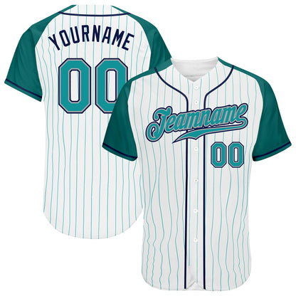 Custom White Aqua Pinstripe Aqua-Navy Authentic Raglan Sleeves Baseball Jersey - Sky-Custom