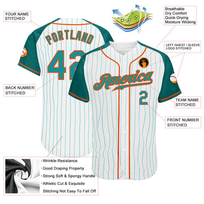 Custom White Aqua Pinstripe Aqua-Orange Authentic Raglan Sleeves Baseball Jersey - Sky-Custom