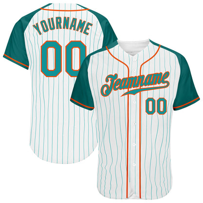 Custom White Aqua Pinstripe Aqua-Orange Authentic Raglan Sleeves Baseball Jersey - Sky-Custom