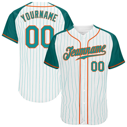 Custom White Aqua Pinstripe Aqua-Orange Authentic Raglan Sleeves Baseball Jersey - Sky-Custom